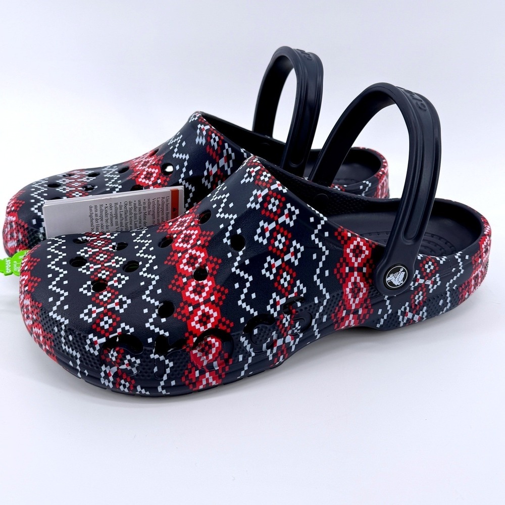Crocs Baya‎ Holiday Graphic Clog Mens Size 10 Navy Blue Fair Isle Comfy Gift NWT
